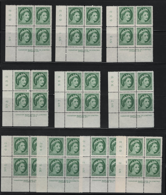 Lot 546 Canada #338 2c Green, Deep Green, Light Green, Dull Green & Bright Green, 1954-1962 Wilding Issue, 10 VFNH & OG LL Plate 1-3, 5 & 7 Blocks Of 4 On DF2 Ivory Ribbed/Ribbed Paper, Streaky & Smooth Semi-Gloss Gum, And Streaky Satin Gum