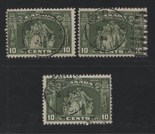Canada #209 10c Olive Green Loyalists Statue, 1934 United Empire Loyalists Issue, 3 Fine used Single With SON CDS Town Cancels