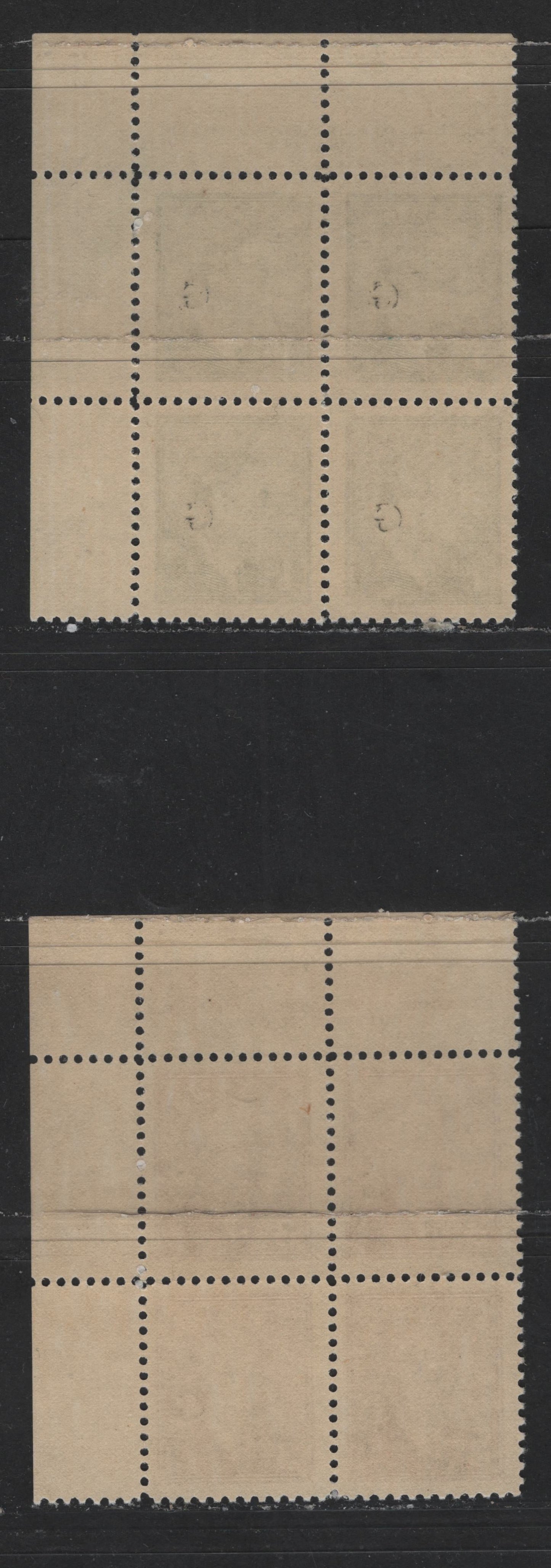 Lot 549 Canada #O16, O18 1c, 3c Green & Rose Purple King George VI, 1949-1952 Postes-Postage Issue Overprinted "G", 2 Fine NH UR Plate 8 & 10 Blocks On Crisp Vertical Wove With Semi-Gloss Yellowish Cream Gum, Thick "G" On 1c