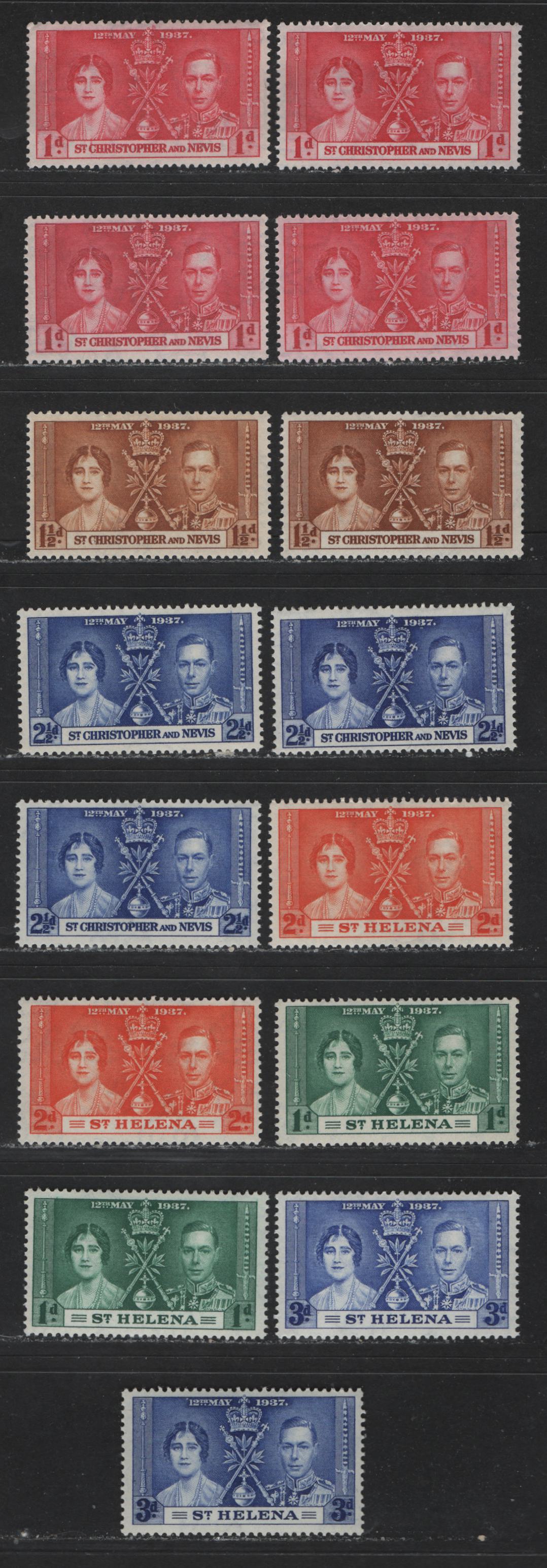 Lot 552 St. Christopher & Nevis & St. Helena #115-117, 76-78 1d-3d Rose Red - Bright Ultramarine King George VI & Queen Elizabeth, 1937 Coronation Issue, 15 Fine & VFNH Singles With Distinct Shade Varieties Of All Values