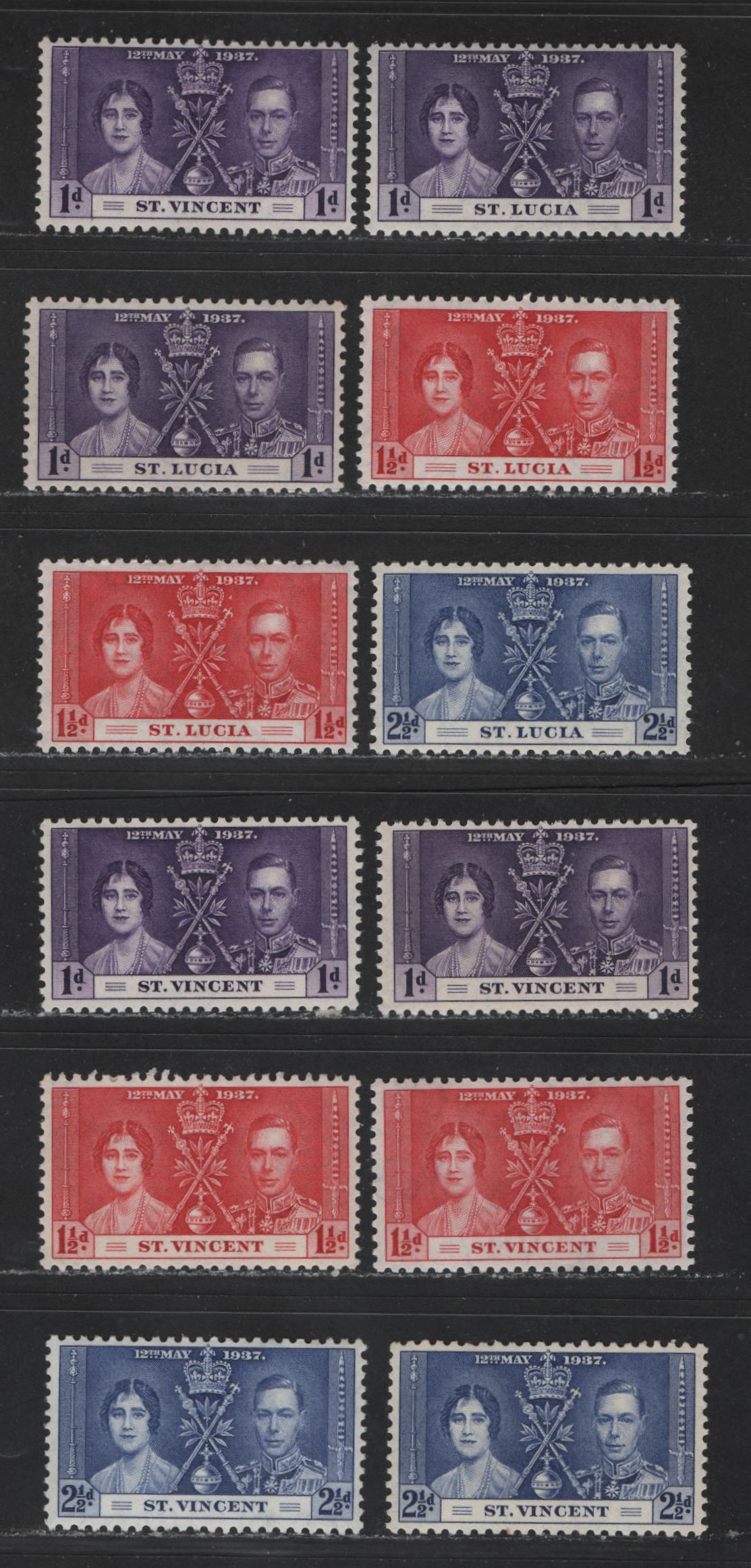 Lot 554 St. Lucia & St. Vincent #107-109, 138-140 1d-2.5d Violet - Dull Ultramarine King George VI & Queen Elizabeth, 1937 Coronation Issue, 12 VFNH Singles With Distinct Shade Varieties Of Nearly All Values