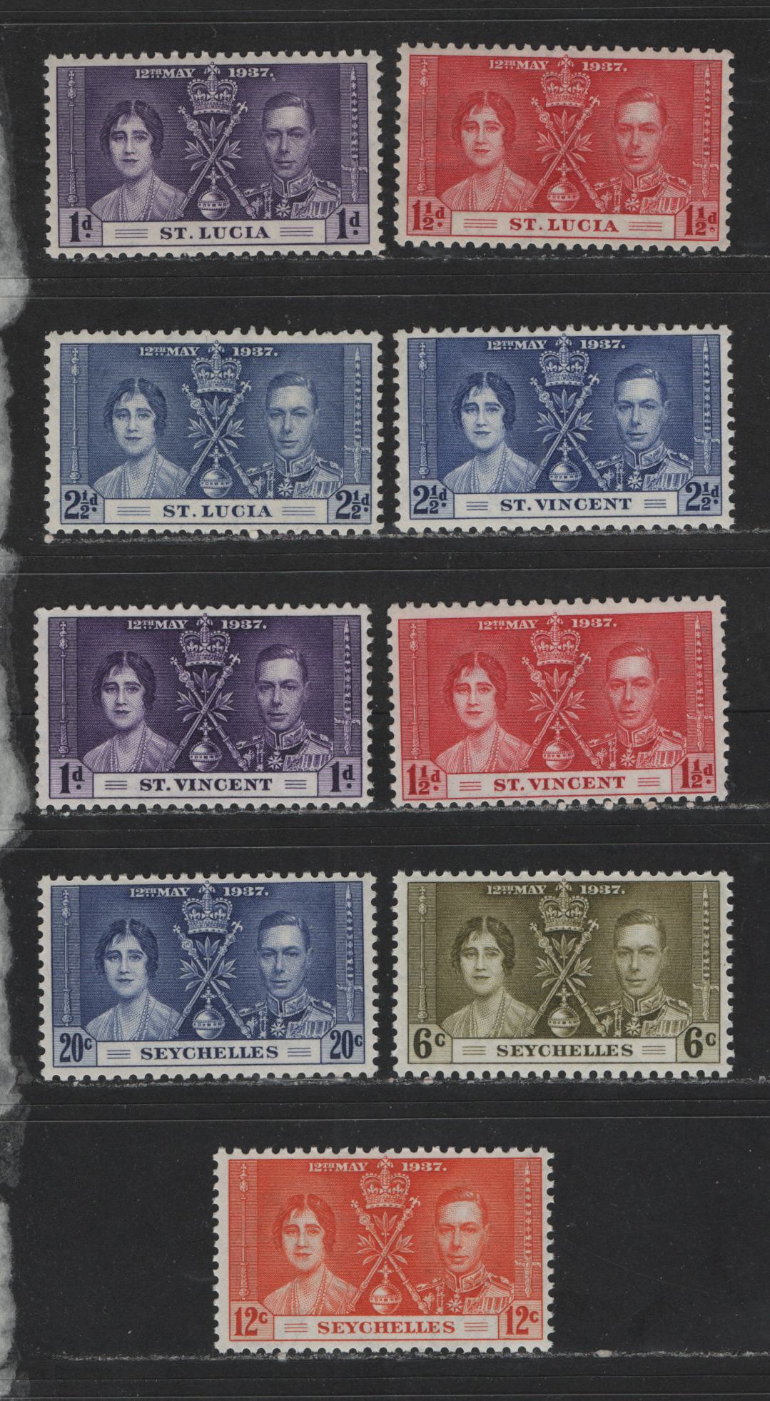 Lot 555 St. Lucia, St. Vincent, Seychelles #107-109, 138-140, 122-124 1d-2.5d, 6c-20c Violet - Dull Ultramarine King George VI & Queen Elizabeth, 1937 Coronation Issue, 9 Fine & VFNH Singles The Basic Sets With The Common Shades Of Each Value