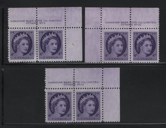 Canada #340 4c Violet Queen Elizabeth II, 1954-1962 Wilding Issue, 3 Fine & VF NH & OG Plate 9 & 10 Pairs On NF Grey Smooth/Ribbed & Smooth/Smooth Paper, With Smooth Satin & Semi-Gloss Gums