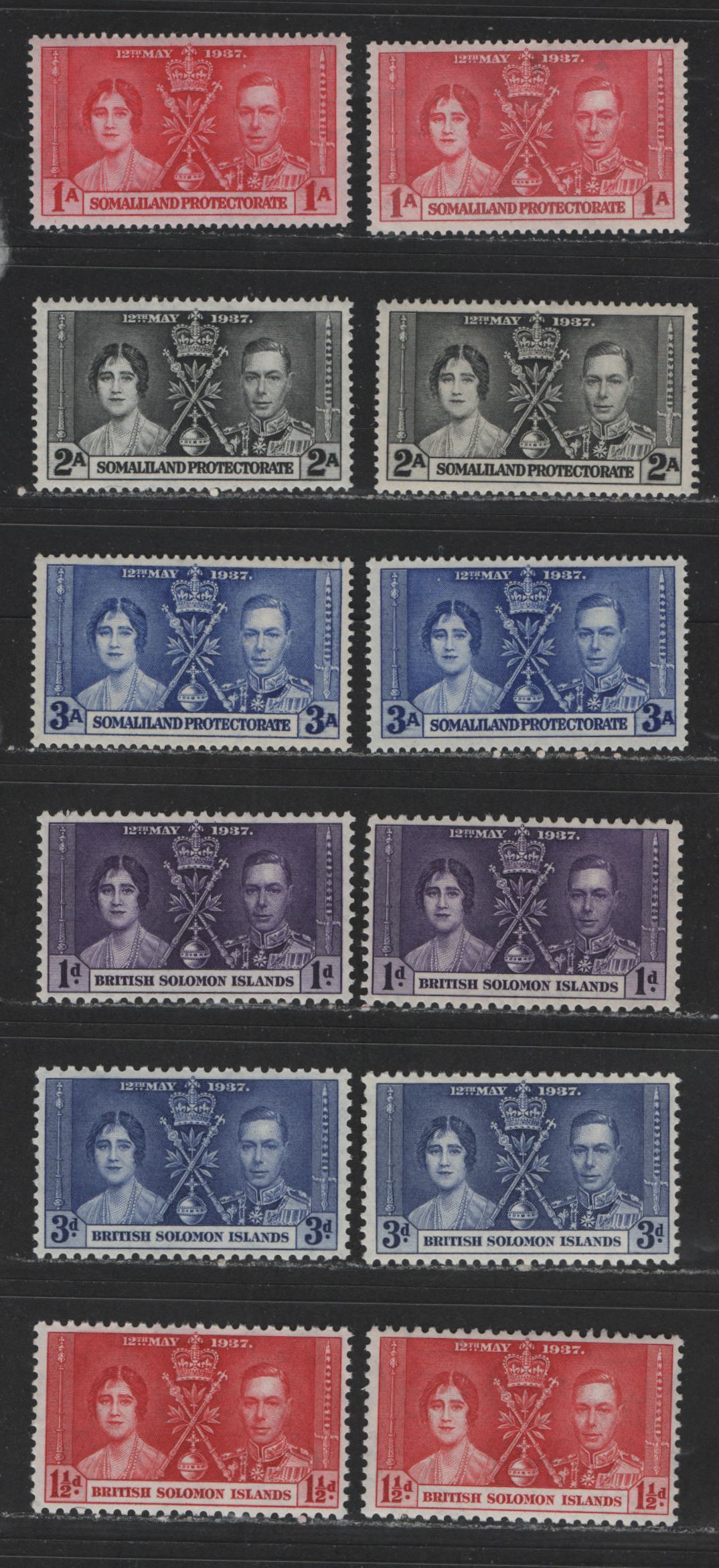 Lot 559 Solomon Islands & Somaliland Protectorate #64-66, 81-83 1d-3d, 1a-3a Violet - Bright Ultramarine King George VI & Queen Elizabeth, 1937 Coronation Issue, 12 VFNH Singles With Distinct Shade Varieties Of All Values