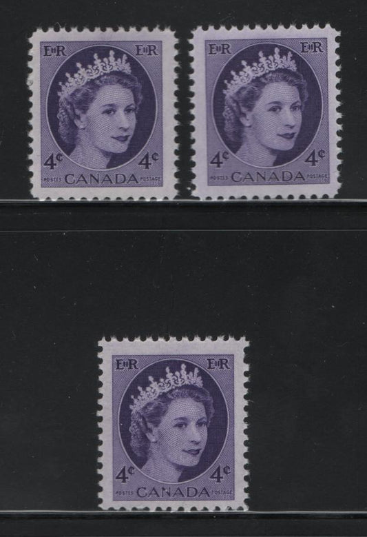 Canada #340 4c Violet Queen Elizabeth II, 1954-1962 Wilding Issue, 3 Fine & VF NH Singles On NF Grey Smooth/Ribbed & Smooth/Smooth Paper, With Smooth Satin & Semi-Gloss Gums