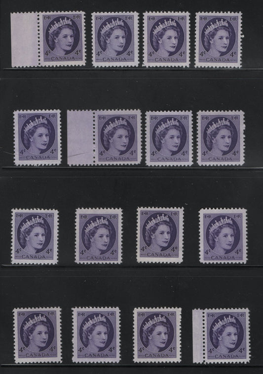 Canada #340 4c Bright Violet Queen Elizabeth II, 1954-1962 Wilding Issue, 16 Fine & VFNH Singles On Various DF1 Greyish And DF1 Greyish White Ribbed/Ribbed, Ribbed/Smooth & Smooth/Smooth Papers, Various Gums