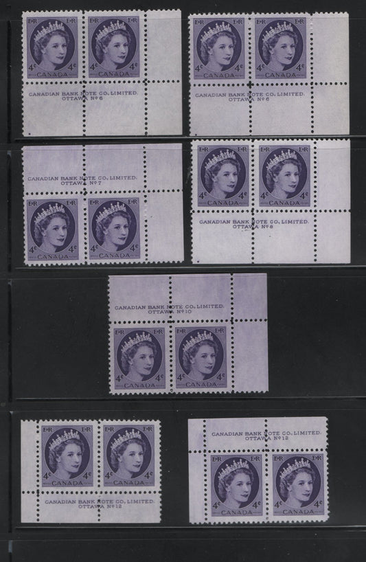Canada #340 4c Violet & Dark Violet Queen Elizabeth II, 1954-1962 Wilding Issue, 7 Fine & VFNH Plate 6-8, 10, 12n Pairs On Various DF1 Greyish Ribbed/Ribbed, Ribbed/Smooth & Smooth/Smooth Papers, Various Gums, Different From Lot 561