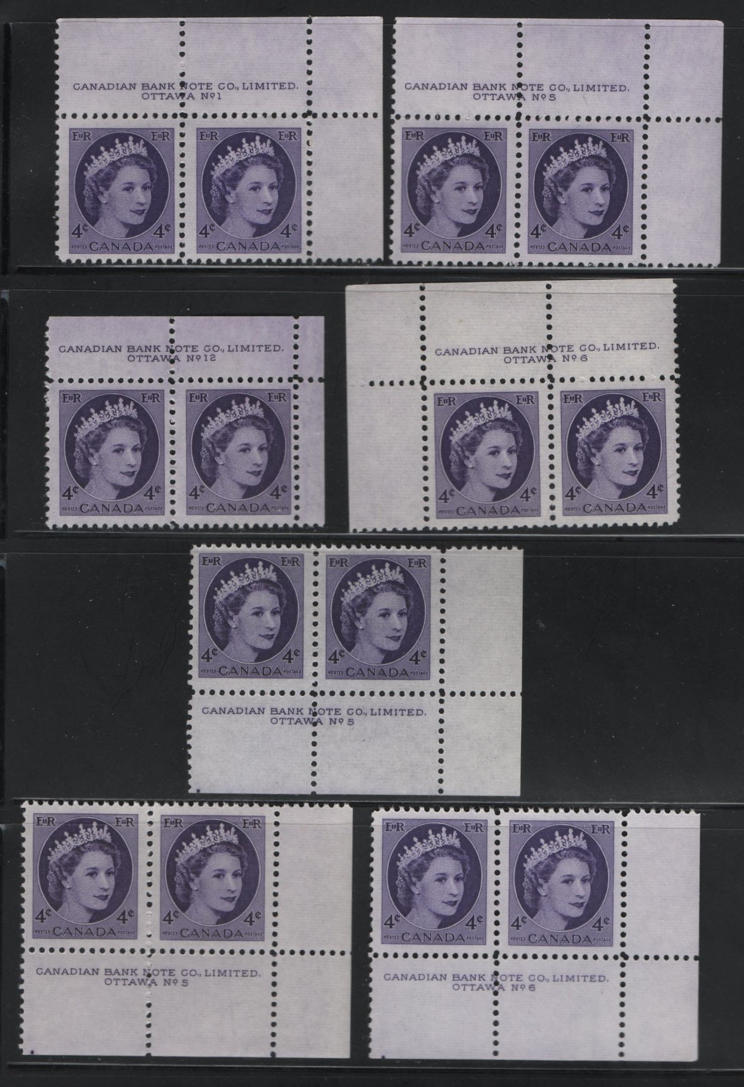 Canada #340 4c Violet Shades Queen Elizabeth II, 1954-1962 Wilding Issue, 7 Fine & VFNH Plate 1, 5, 6 & 12n Pairs On Various DF1 Greyish White Ribbed/Ribbed, Ribbed/Smooth & Smooth/Smooth Papers, Various Gums, Different From Lot 565