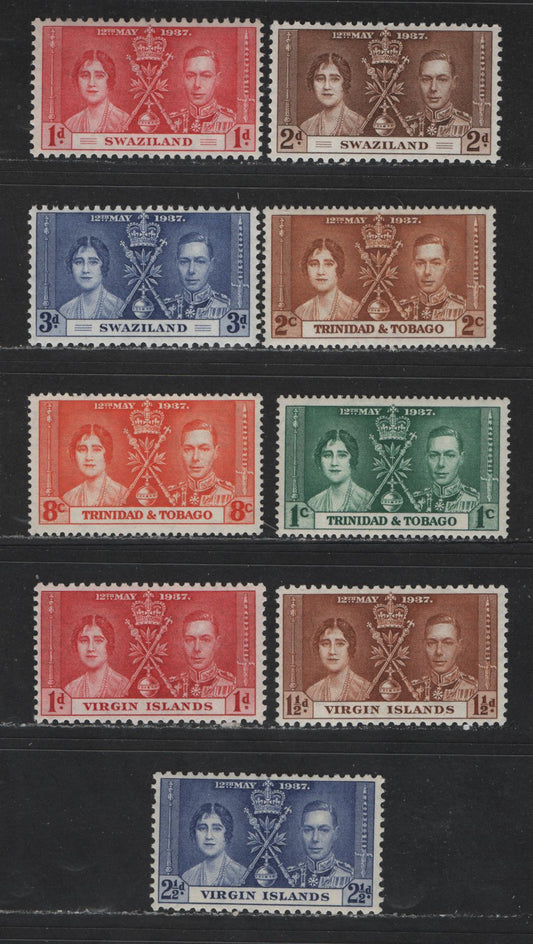 Swaziland, Trinidad & Tobago & Virgin Islands #24-26, 47-49, 73-75 1d-3d, 1c-8c Carmine Red - Dull Ultramarine King George VI & Queen Elizabeth, 1937 Coronation Issue, 9 VFNH Singles The Basic Sets With The Common Shades Of Each Value