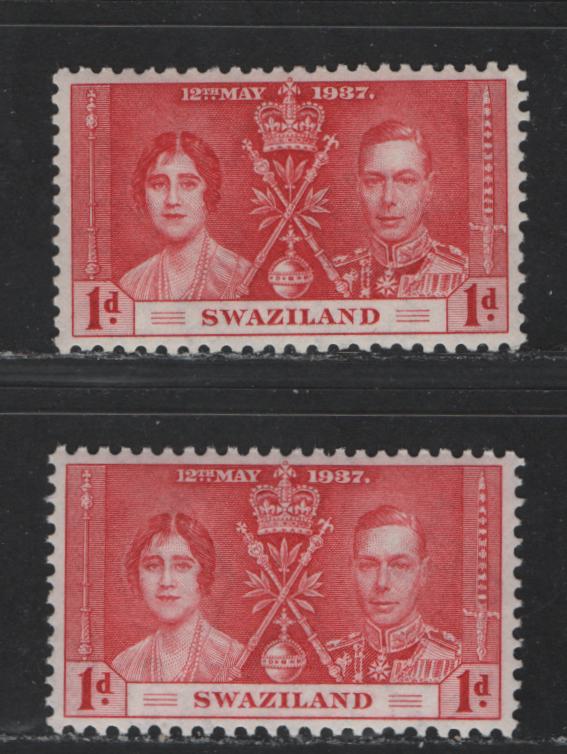 Lot 571 Swaziland #24 & 24var 1d Carmine Red & Pale Carmine King George VI & Queen Elizabeth, 1937 Coronation Issue, 2 VFNH & OG Singles Scarce, As Most Were Carmine Red