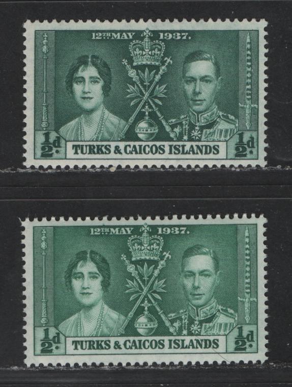 Lot 575 Turks & Caicos Islands #75-75var 1/2d Myrtle Green & Dark Green King George VI & Queen Elizabeth, 1937 Coronation Issue, 2 VFNH Singles The Scarce Gibbons Listed Shade With Common Shade For Comparison