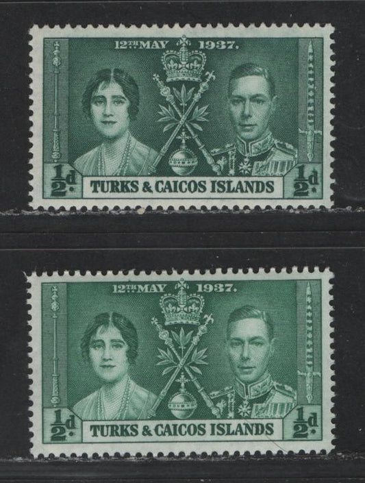 Turks & Caicos Islands #75-75var 1/2d Myrtle Green & Dark Green King George VI & Queen Elizabeth, 1937 Coronation Issue, 2 VFNH Singles The Scarce Gibbons Listed Shade With Common Shade For Comparison