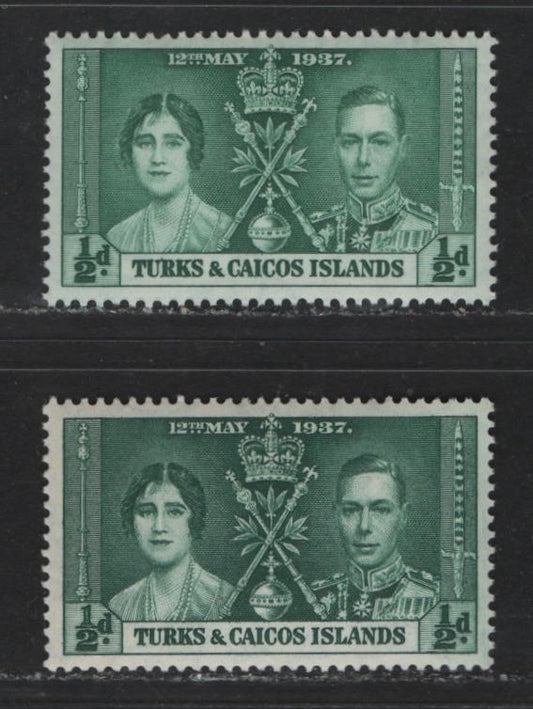 Turks & Caicos Islands #75-75var 1/2d Myrtle Green & Dark Green King George VI & Queen Elizabeth, 1937 Coronation Issue, 2 VFOG/NH Singles The Scarce Gibbons Listed Shade With Common Shade For Comparison