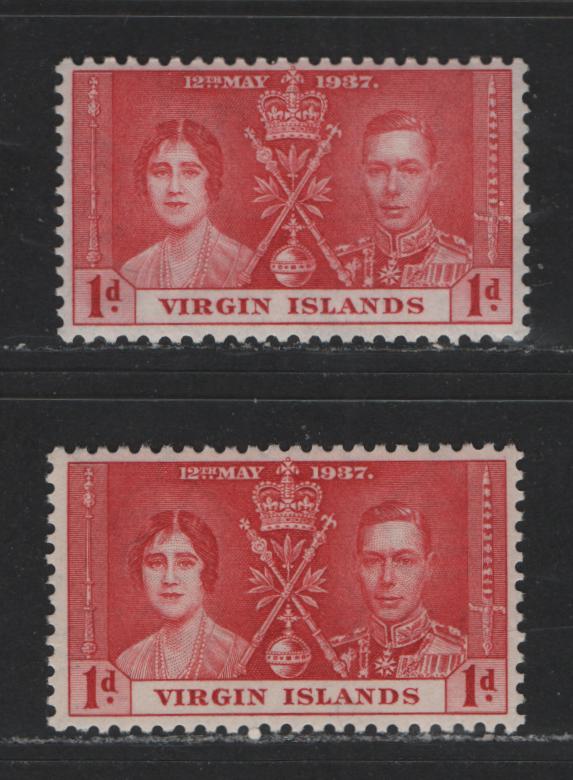 Lot 577 Virgin Islands #73var 1d Carmine Red & Paler Carmine Red King George VI & Queen Elizabeth, 1937 Coronation Issue, 2 VFNH Singles Scarce, As Most Were Carmine Red