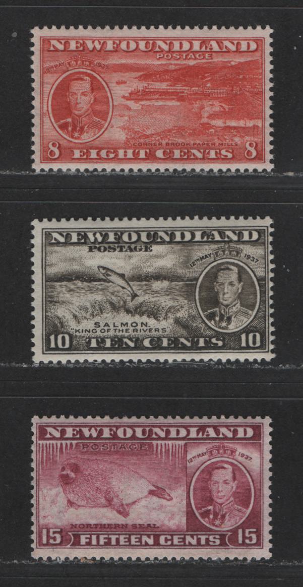 Lot 581 Newfoundland #236d, 237b, 239b,  8c-15c Scarlet - Rose Purple King George VI & Queen Elizabeth, 1937 Coronation Issue, 3 VFNH & Fine OG Singles Comb Perf. 13.4, 8c & 15c Are NH