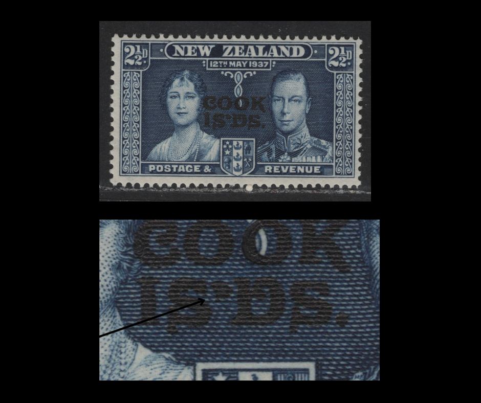 Lot 584 Cook Islands #110var 2.5d Dark Blue King George VI & Queen Elizabeth, 1937 Coronation Issue, A Fine OG Single With Extra Large Deformed Apostrophe In "IS'DS", Unlisted in Gibbons