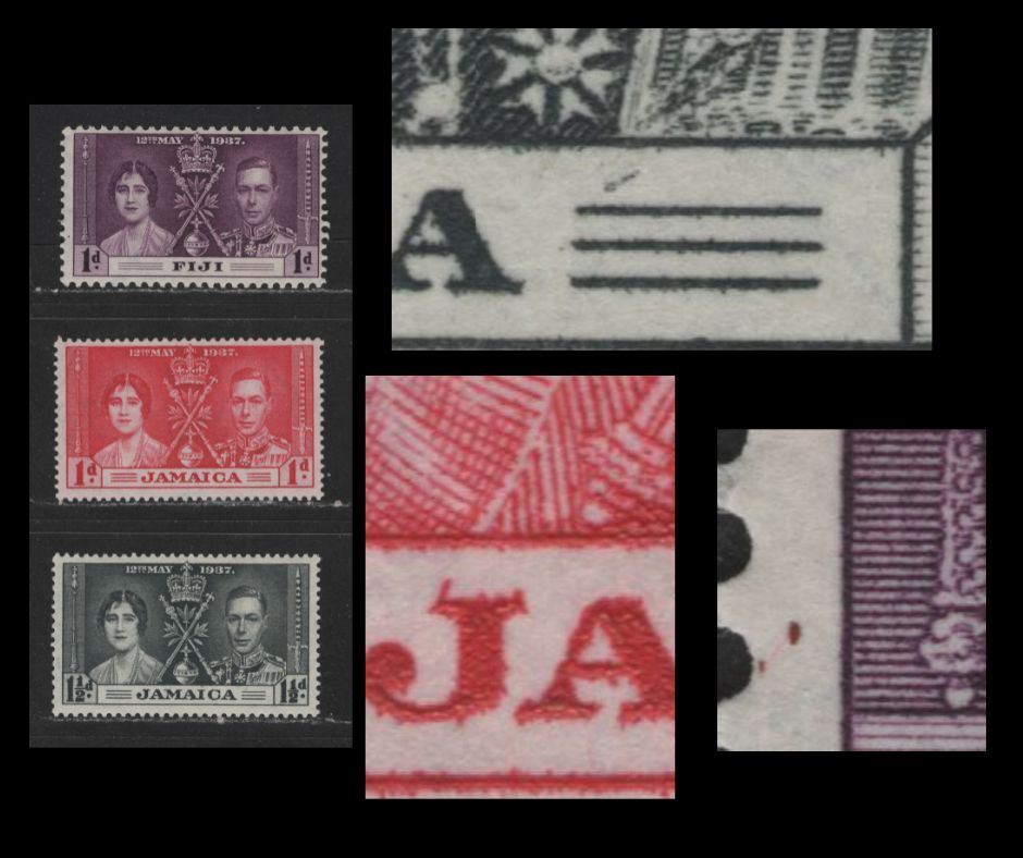 Lot 585 Fiji & Jamaica #114, 113var, 114var 1d & 1.5d Purple, Slate & Deep Red King George VI & Queen Elizabeth, 1937 Coronation Issue, 3 Fine & VFOG Singles With Unlisted And Possibly Constant Varieties