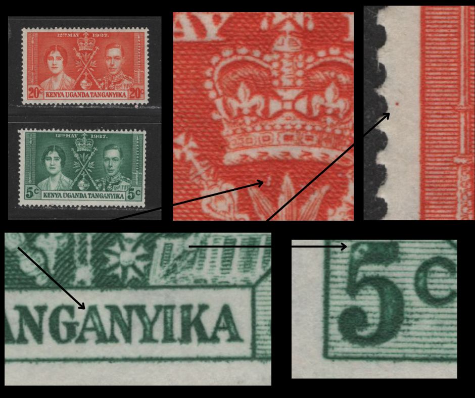 Lot 586 Kenya, Uganda & Tanganyika #60var, 61var 5c, 20c Myrtle Green & Red Orange King George VI & Queen Elizabeth, 1937 Coronation Issue, 2 Fine & VFOG Singles With Unlisted And Possibly Constant Varieties