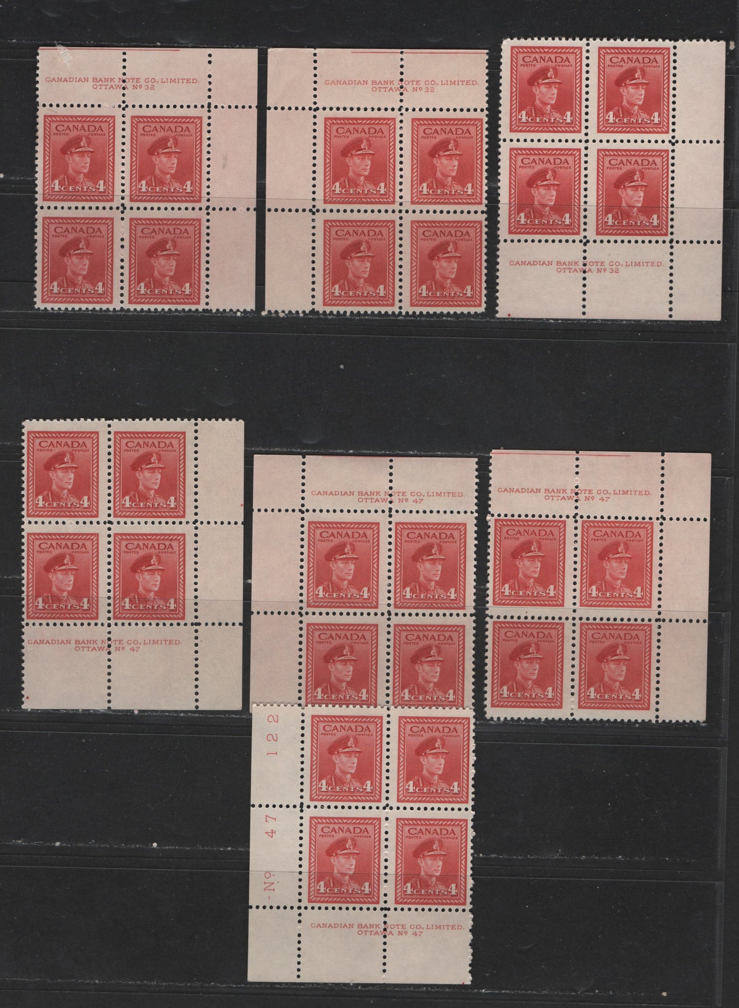 Canada #254 4c Carmine Red King George VI, 1942-1949 War Issue, 7 Fine NH Plate 42 & 47 Blocks On Horizontal Ribbed Paper With Smooth & Streaky Cream Gum