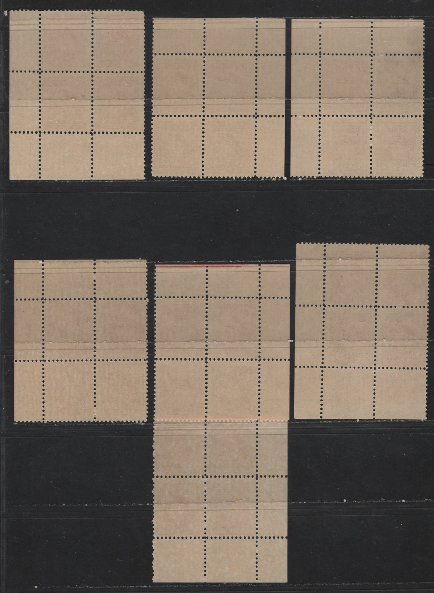 Canada #254 4c Carmine Red King George VI, 1942-1949 War Issue, 7 Fine NH Plate 42 & 47 Blocks On Horizontal Ribbed Paper With Smooth & Streaky Cream Gum