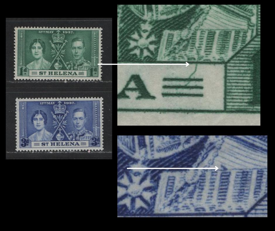 Lot 595 St. Helena #115var, 1167var 1d & 3d Myrtle Green & Bright Ultramarine King George VI & Queen Elizabeth, 1937 Coronation Issue, 2 VFOG Singles With Unlisted And Possibly Constant Varieties