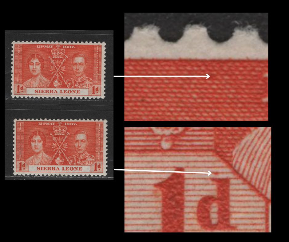 Lot 598 Sierra Leone #170var 1d  Deep Orange King George VI & Queen Elizabeth, 1937 Coronation Issue, 2 VFOG Singles Small Dot Above The Left "D" & Large Dot To Left Of "12" - Likely Constant