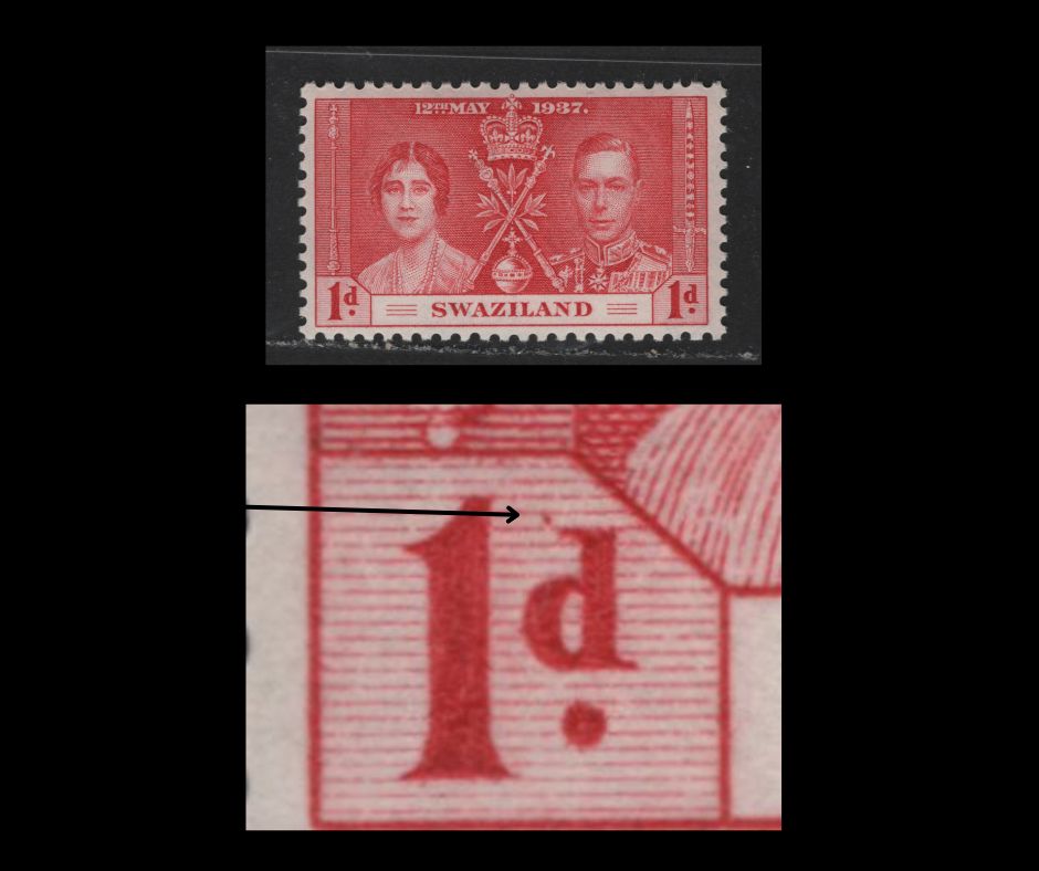 Lot 602 Swaziland #24var 1d Carmine King George VI & Queen Elizabeth, 1937 Coronation Issue, A VFOG Single Small Dot Above The Left "D" - Constant, As Similar To Lot 598