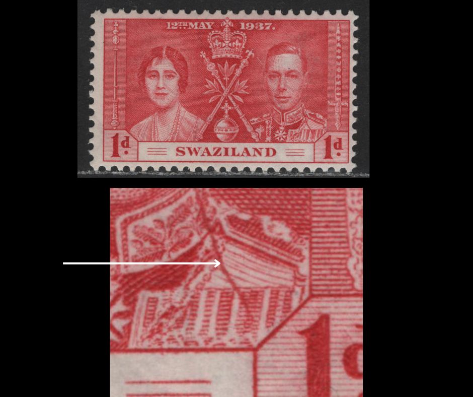 Lot 607 Swaziland #24var 1d Carmine King George VI & Queen Elizabeth, 1937 Coronation Issue, A Fine OG Single Showing Large Prominent Scratch From The Collar To The King's Breastplate - Quite A Spectacular Scratch For This Issue