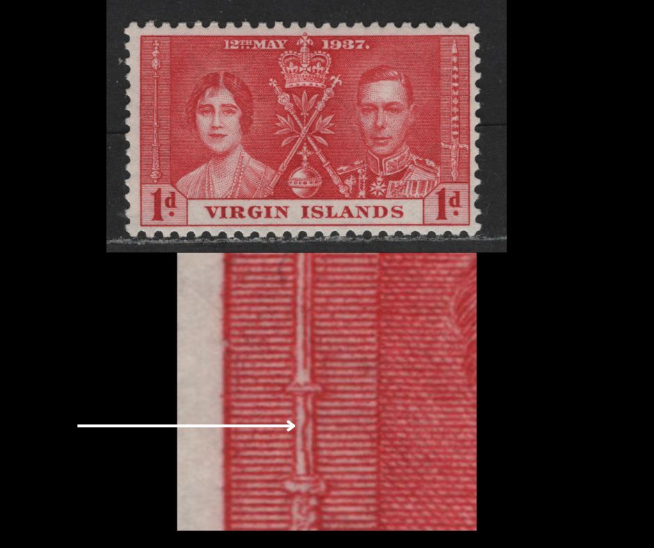 Lot 608 Virgin Islands #73var 1d Carmine Red King George VI & Queen Elizabeth, 1937 Coronation Issue, A VFOG Single Showing Crooked Middle Line In The Base Of The Sceptre - Normally This Line Is Straight