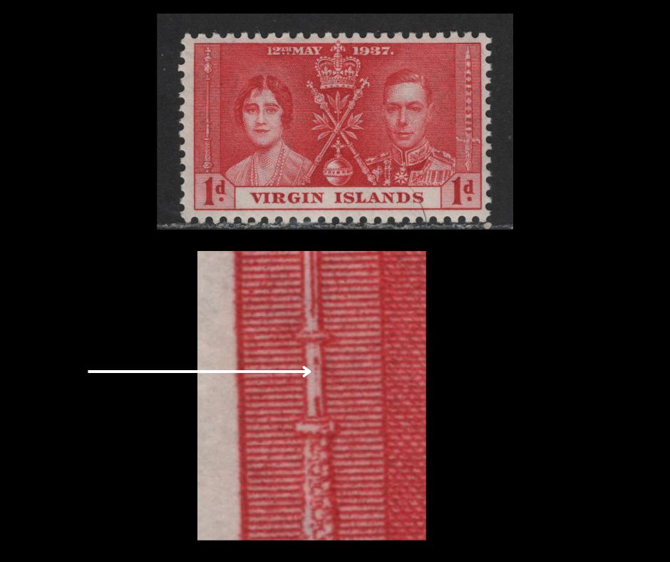 Virgin Islands #73var 1d Carmine Red King George VI & Queen Elizabeth, 1937 Coronation Issue, A Fine OG Single Showing Break In Middle Line At Base Of Sceptre