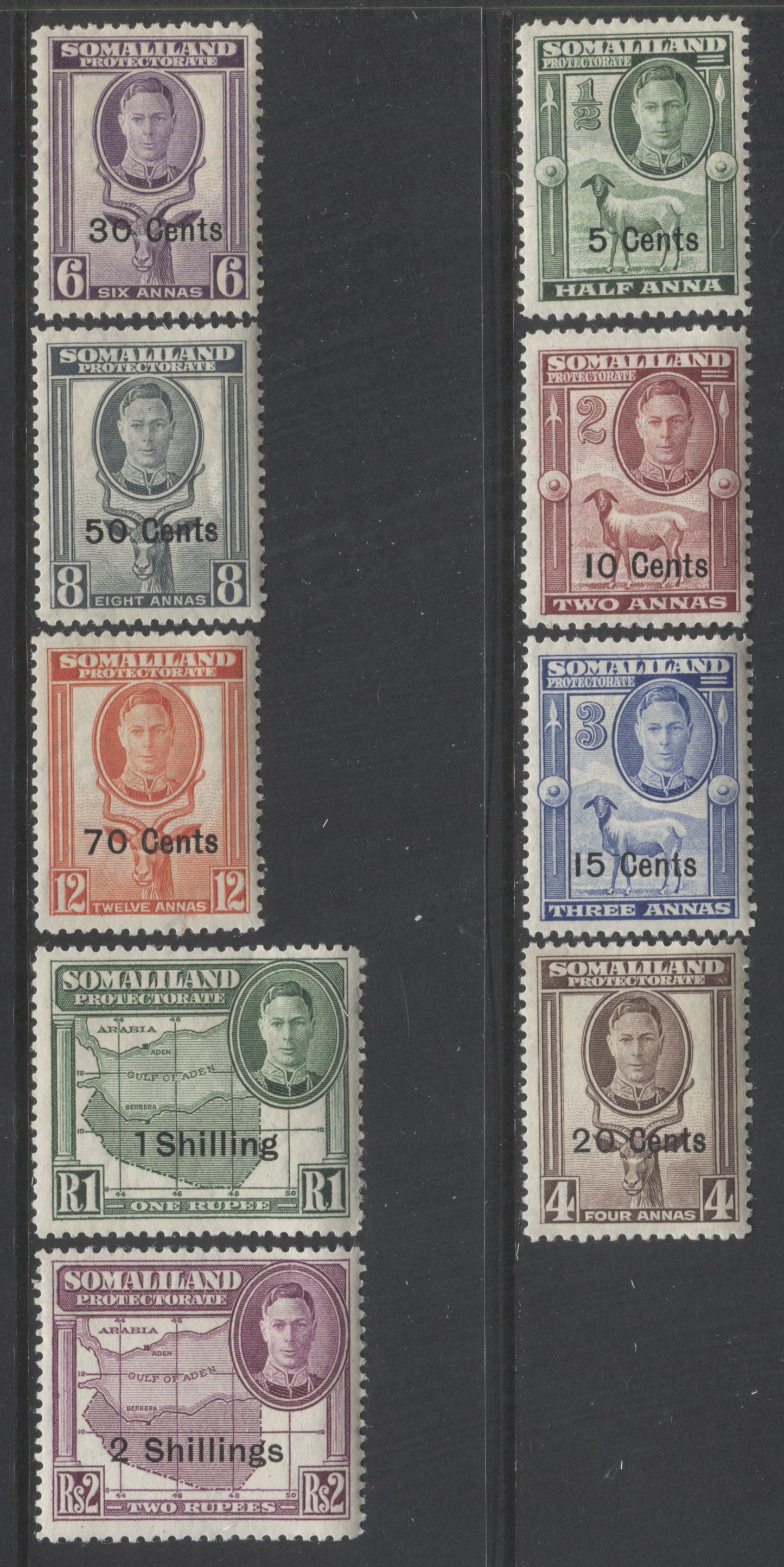 Lot 57 Somaliland Protectorate SC#96-105 (SG#125-133), 1951 New Currency Overprint Issue, A VFNH Short Set to 2/-, Perf 12.5, Mult Script CA WMK, 2022 Scott Classic Cat. $25.10