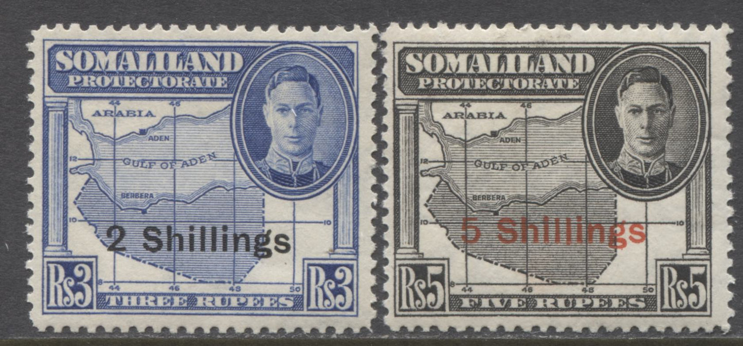 Lot 58 Somaliland Protectorate SC#106-107 (SG#134-135), 1951 New Currency Overprint Issue, Fine NH and VFNH Examples of the 2/- and 5/-, Perf 12.5, Mult Script CA WMK, 2022 Scott Classic Cat. $30