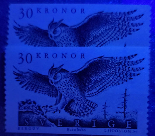 Lot 66 Sweden SC#1761 30Kr Multicoloured 1989 Eagle Owl High Value Definitive Issue, On NF and DF Papers, 2 VFNH Singles, Click on Listing to See ALL Pictures, Estimated Value $25