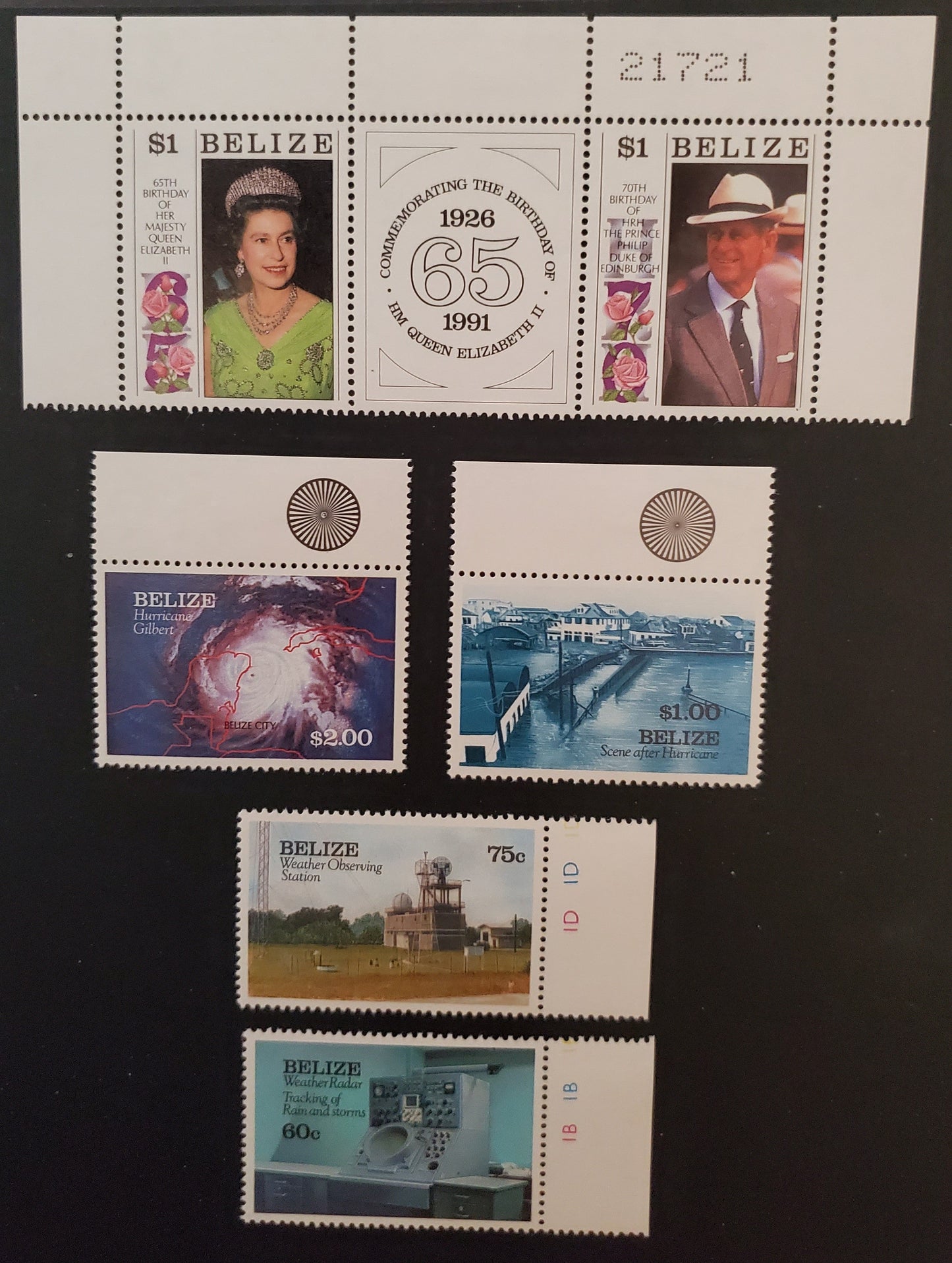 Lot  6 Belize SC#970a-974 1991 Queen Elizabeth & Prince Phillip's Birthdays & Hurricanes Issues, 4 VFNH Singles & Pair + Label, Click on Listing to See ALL Pictures, 2017 Scott Cat. $16