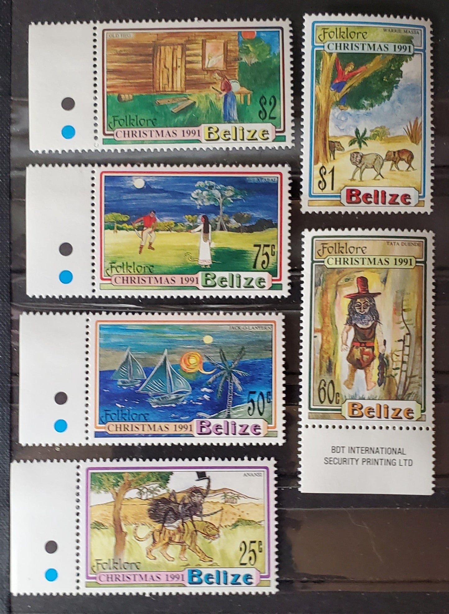 Lot  7 Belize SC#979-984 1991 Christmas - Folktales Issue, 5 VFNH Singles, Click on Listing to See ALL Pictures, 2017 Scott Cat. $20.75