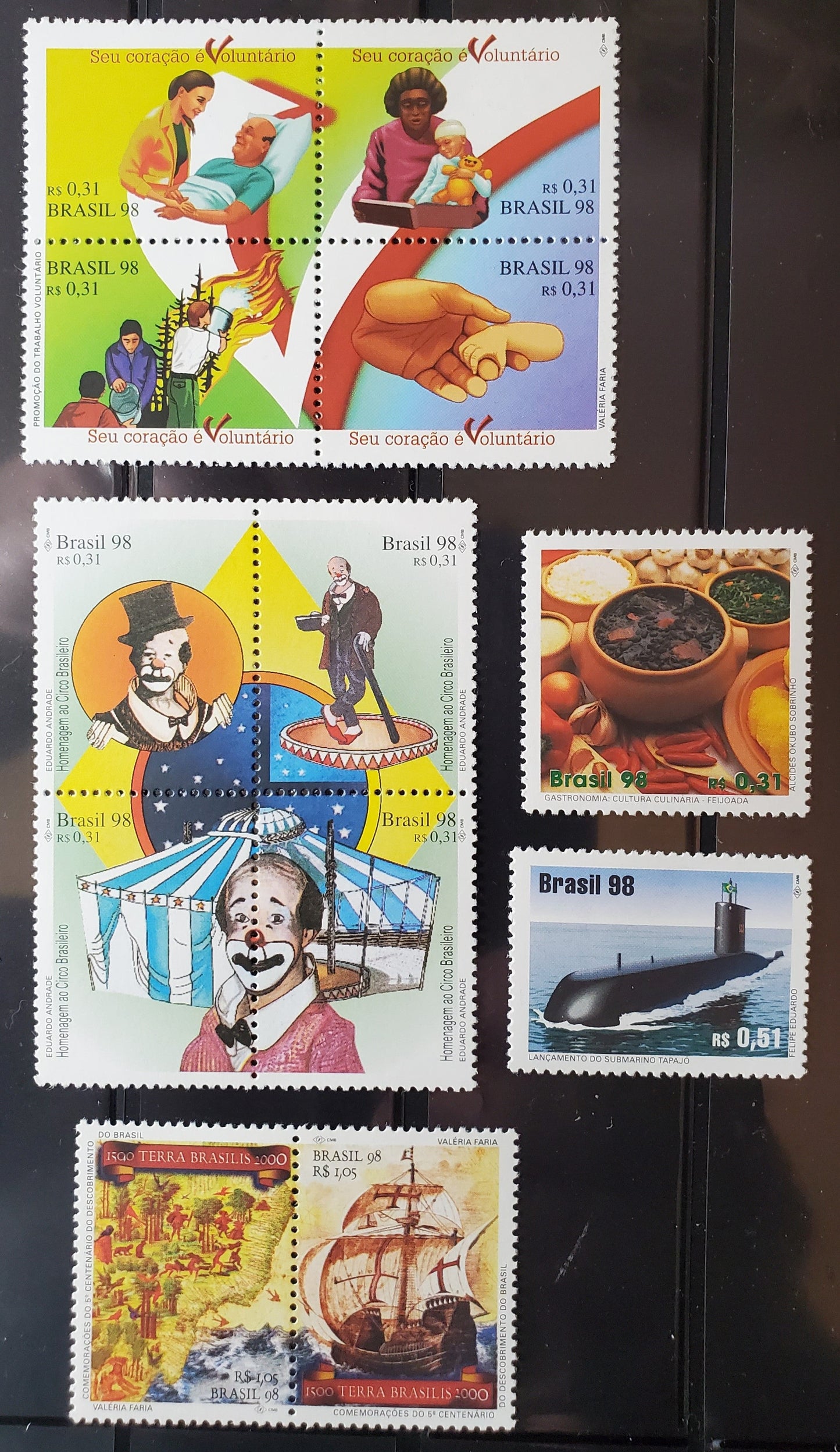 Brazil SC#2671a/2679 1998 500th Anniversary of Discovery of Brazil - Launching of Submarine Tapajo Issues, 2 VFNH Singles, A Pair & 2 Blocks of 4, Click on Listing to See ALL Pictures, 2017 Scott Cat. $17.1