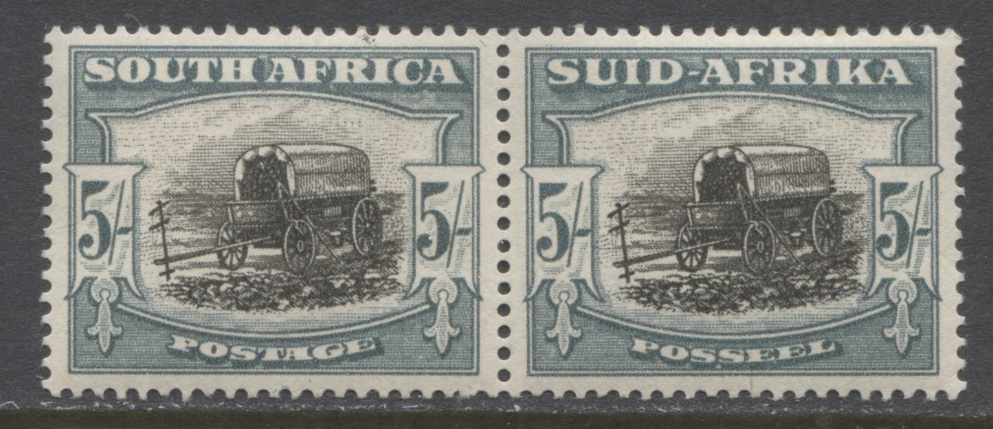 Lot 59 South Africa SC#65 (SG#122), 1947-1954 Screened Rotogravure Pictorial Issue, A VFNH Pair of the 5s Value, 1949 Printing, Perf 14, Mult Springbok's Head Watermark, 2022 Scott Classic Cat. $55