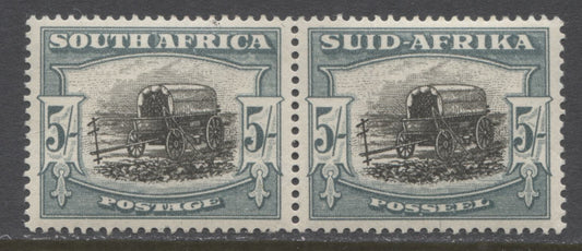 Lot 59 South Africa SC#65 (SG#122), 1947-1954 Screened Rotogravure Pictorial Issue, A VFNH Pair of the 5s Value, 1949 Printing, Perf 14, Mult Springbok's Head Watermark, 2022 Scott Classic Cat. $55