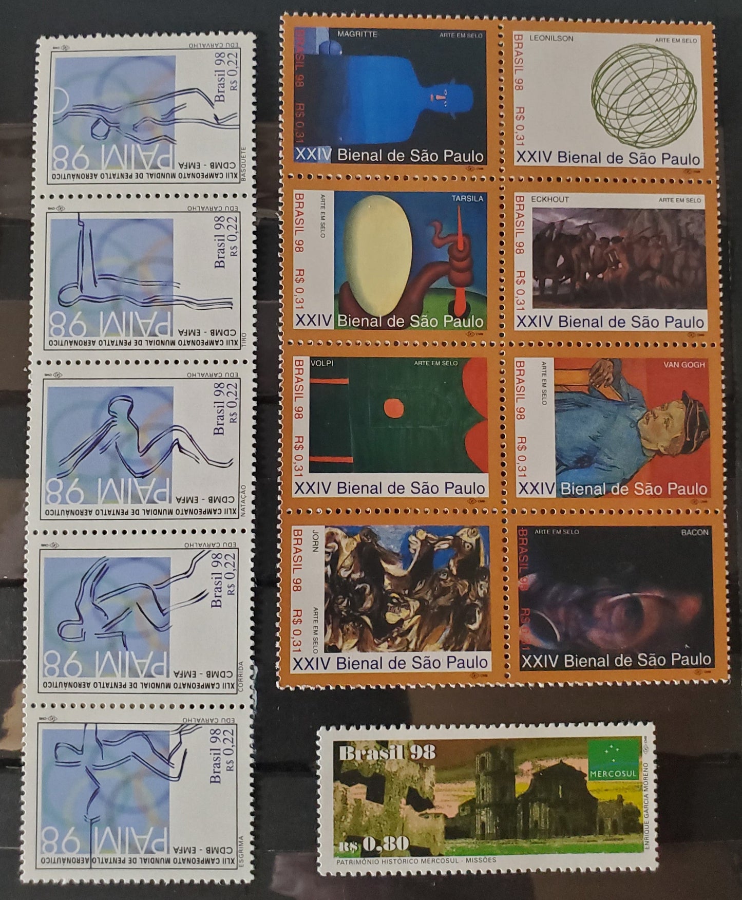 Brazil SC#2687-2689 1998 Aeronautical Pentathalon World Championship - Sao Paulo Art Biennial Issues, A VFNH Block of 8, Strip of 5 & A Single, Click on Listing to See ALL Pictures, 2017 Scott Cat. $16.5