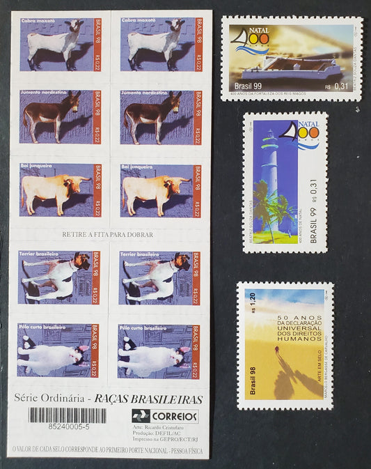 Brazil SC#2702a-2705 1998 Domestic Animals - 400th Anniversary of Natal Issues, 3 VFNH Singles & A Booklet Pane of 10, Click on Listing to See ALL Pictures, 2017 Scott Cat. $16.75