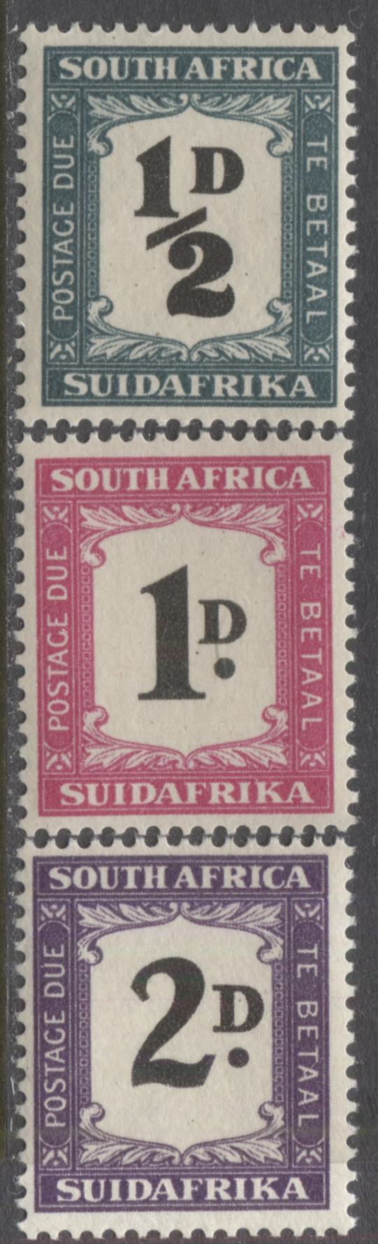 Lot 60 South Africa SC#J34-J36 (SG#D34-D36), 1948-1949 Rotogravure Bilingual Postage Dues, 3 Fine NH and VFNH Singles, Perf 15 x 14, Mult Springbok's Head Watermark, 2022 Scott Classic Cat. For Hinged $41.50, Net. Est. $60