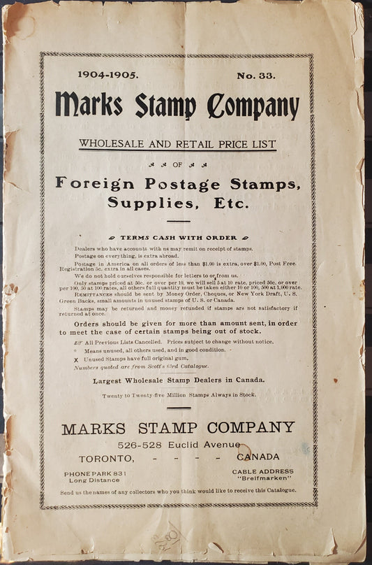 Lot 9 Mark's Stamp Company 1904 World Stamp Catalogue - Fascinating Read - Toronto's Early Stamp Wholesalers