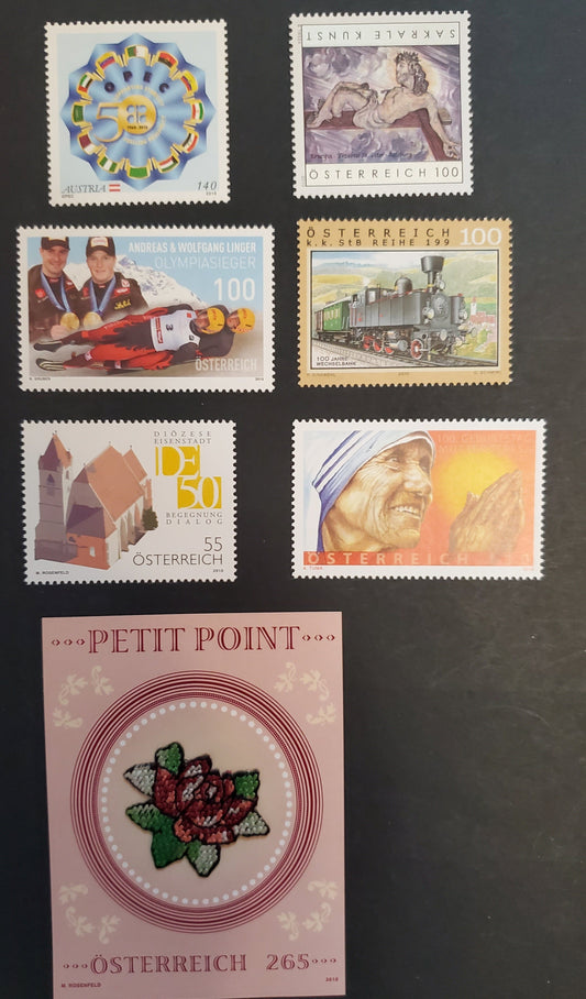 Lot 92 Austria SC#2273/2280 2010 50th Anniv of Diocese Of Eisenstadt - Petit Point Issues, 7 VFNH Singles & Souvenir Sheet, Click on Listing to See ALL Pictures, 2017 Scott Cat. $24.75