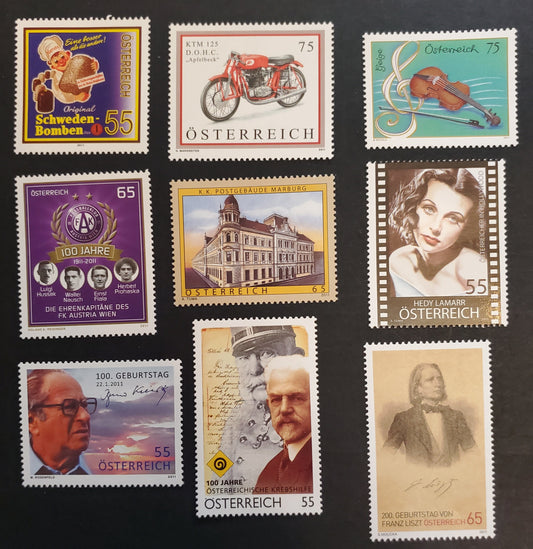 Lot 96 Austria SC#2290/2299 2011 Austria Cancer Aid Centenary - Motocycles, 9 VFNH Singles, Click on Listing to See ALL Pictures, 2017 Scott Cat. $16.25