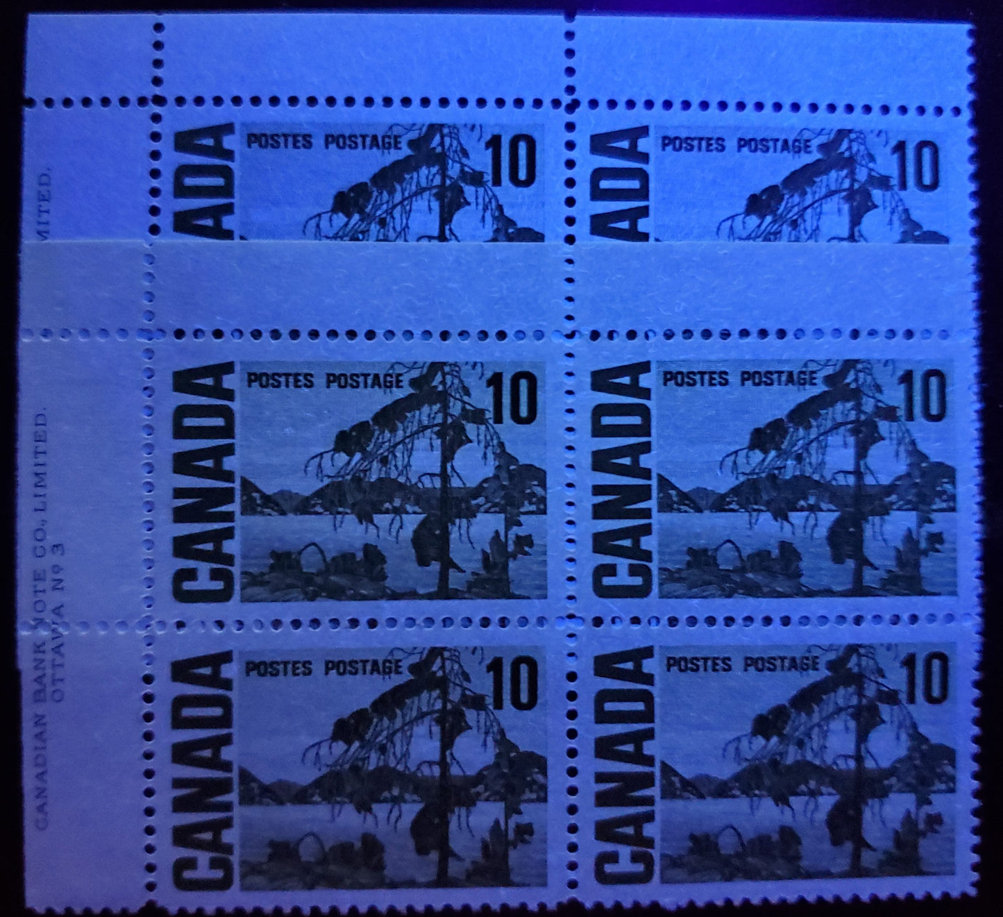 Lot 93 Canada #462piv 10c Bright Yellowish Green Jack Pine, 1967-1973 Centennial High Values, A VFNH LR W2B Tagged Field Stock Block Of 4 On MF7 Bluish White Paper, Ink Appears Black Under UV, Matte PVA Gum & Light Creamy Yellow Tagging