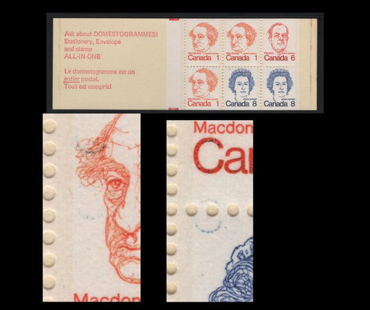 Lot 114 Canada #BK74j 1c, 6c, 8c Pale Orange - Royal Blue John A. Macdonald - Queen Elizabeth II, 1973-1978 Caricature Issue, A VFNH Complete Booklet NF Cover, Clear Sealer, DF Pane, Faint Stuttering C Down Left of Middle Stamps