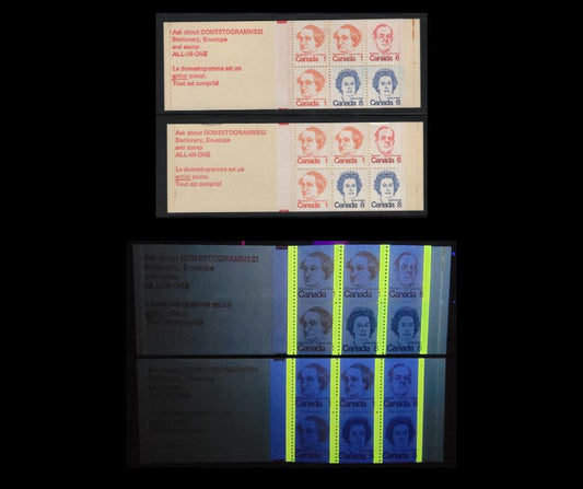 Canada #BK74a, l var 1c, 6c, 8c Orange - Royal Blue John A. Macdonald - Queen Elizabeth II, 1973-1978 Caricature Issue, 2 VFNH Complete Booklets  DF Cover, DF & LF Panes, Clear Sealer, Scarcer Than Self-Sealer