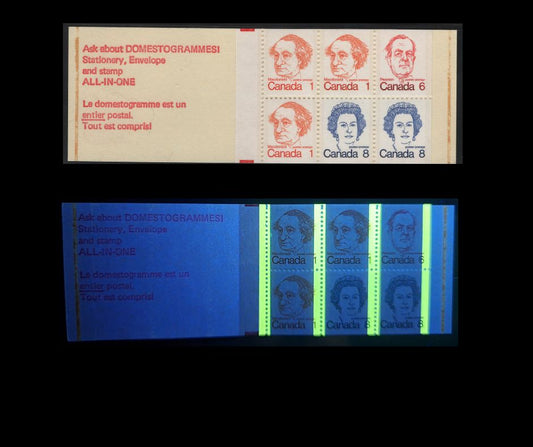 Canada #BK74kvar 1c, 6c, 8c Pale Orange - Royal Blue John A. Macdonald - Queen Elizabeth II, 1973-1978 Caricature Issue, A VFNH Complete Booklet LF Cover, NF Pane, Self-Sealer