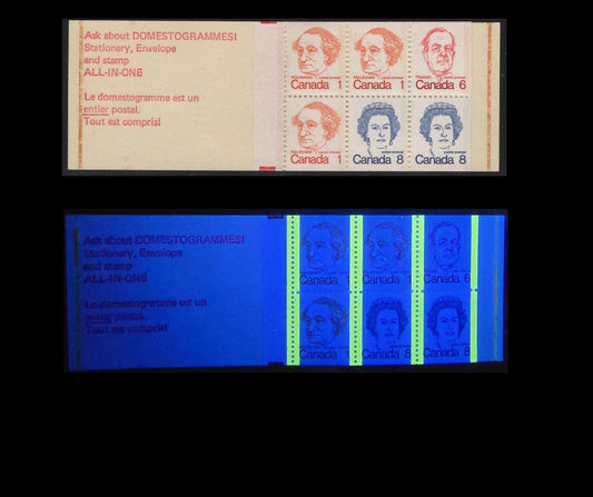 Canada #BK74lvar 1c, 6c, 8c Pale Orange - Royal Blue John A. Macdonald - Queen Elizabeth II, 1973-1978 Caricature Issue, A VFNH Complete Booklet Fluorescent Cover, MF Pane, Clear Sealer