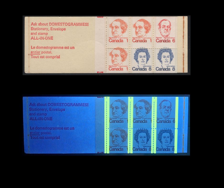 Canada #BK74kvar 1c, 6c, 8c Orange - Royal Blue John A. Macdonald - Queen Elizabeth II, 1973-1978 Caricature Issue, A VFNH Complete Booklet Fluorescent Cover, NF Pane, Clear-Sealer, Misperf: Horizontal Perfs Shifted 2 mm Downward